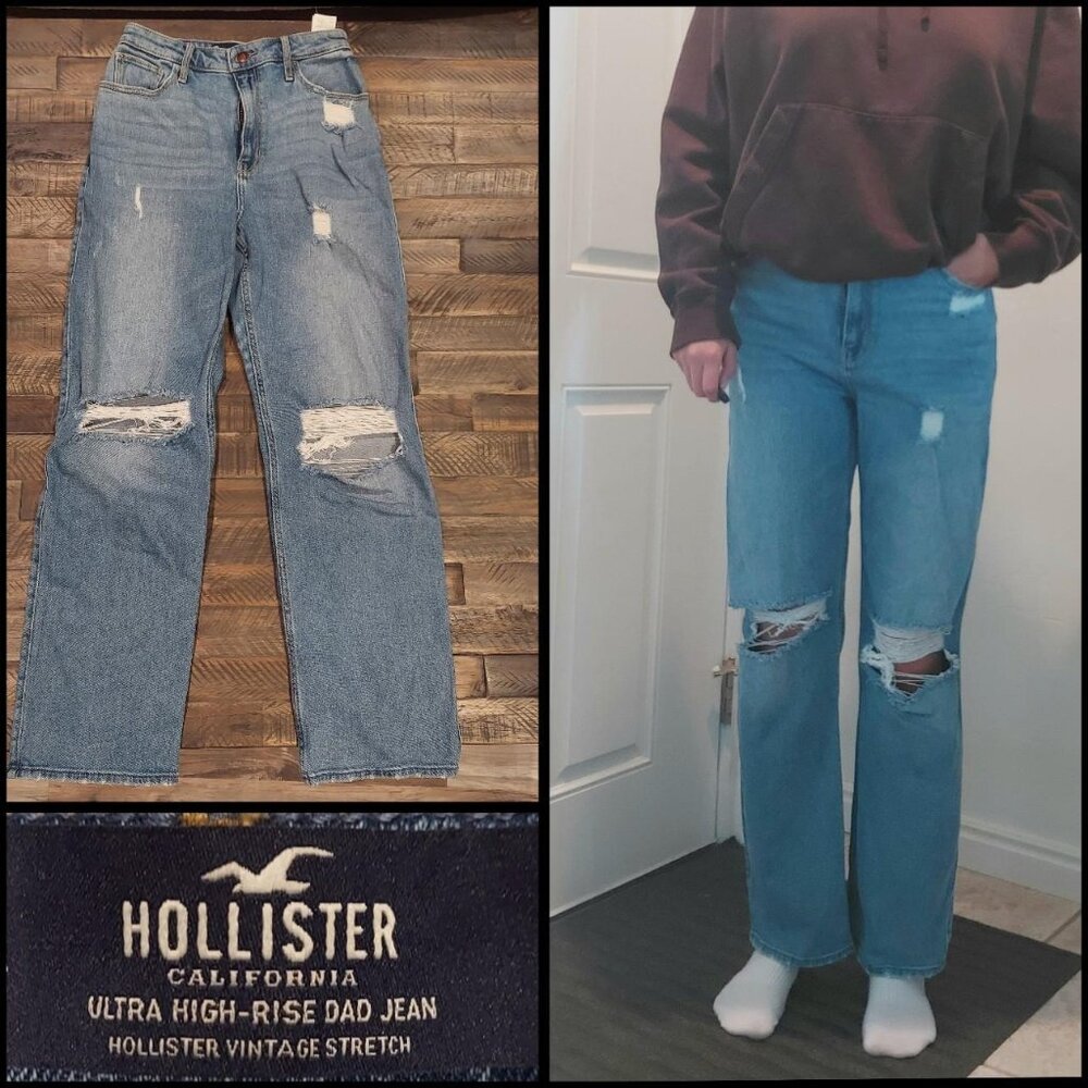 Hollister distress Ultra High Rise Dad straight leg, light blue denim size 5